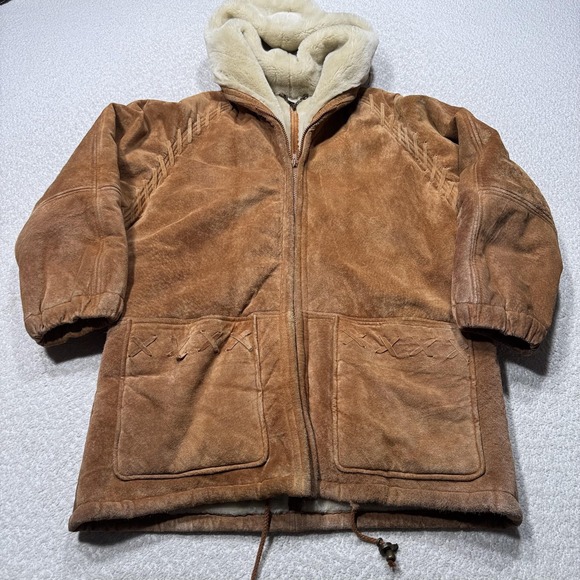 Synergy Coat Womens Medium Brown Shearling Lined Hooded Suede Leather Full Zip - Picture 1 of 12